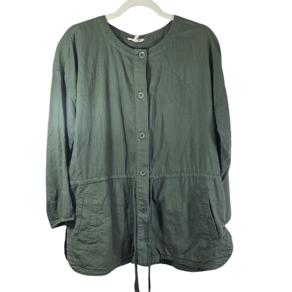 Eileen Fisher Soft Organic Cotton Twill Round Neck Drawstring‎ Jacket Sz M Green